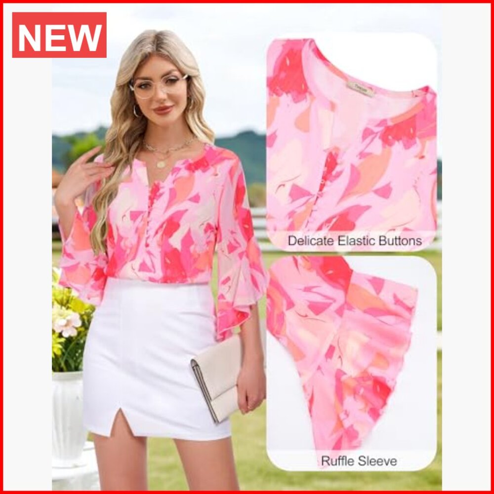 Polyester 3/4 Sleeve Button Down Blouse with V-Ne… - image 5